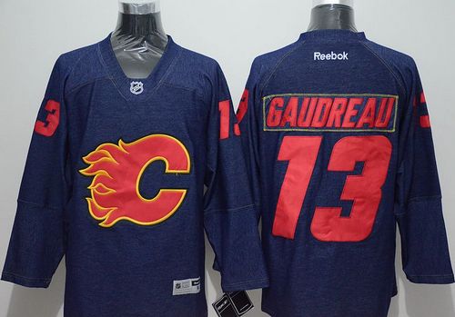 Flames #13 Johnny Gaudreau Navy Blue Denim Stitched Jersey