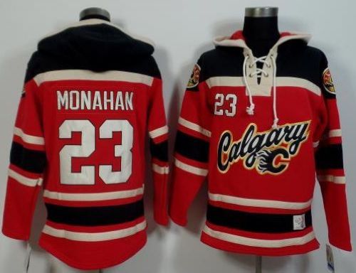 Flames #23 Sean Monahan Red Black Sawyer Hooded Sweatshirt Stitched Jersey
