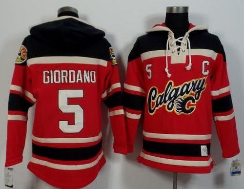 Flames #5 Mark Giordano Red Black Sawyer Hooded Sweatshirt Stitched Jersey