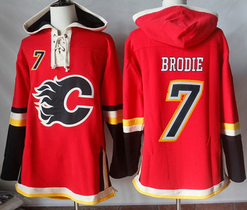 Flames #7 TJ Brodie Red Sawyer Hooded Sweatshirt Stitched Jersey