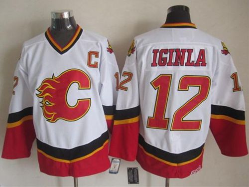 Flames #12 Jarome Iginla White Black CCM Throwback Stitched Jersey