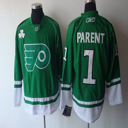 Flyers #1 Bernie Parent Green St. Patty's Day Stitched Jersey
