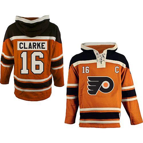 Flyers #16 Bobby Clarke Orange Sawyer Hooded Sweatshirt Stitched Jersey