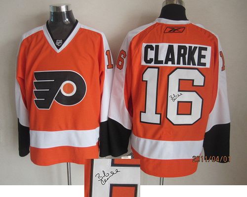 Flyers #16 Bobby Clarke Orange Autographed Stitched Jersey