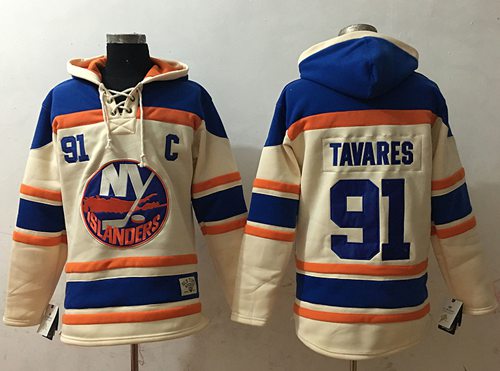 Islanders #91 John Tavares Cream Sawyer Hooded Sweatshirt Stitched Jersey