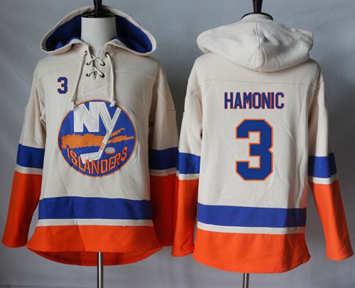 Islanders #3 Travis Hamonic Cream Sawyer Hooded Sweatshirt Stitched Jersey