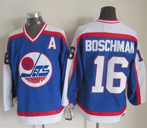 Jets #16 Laurie Boschman Blue White CCM Throwback Stitched Jersey