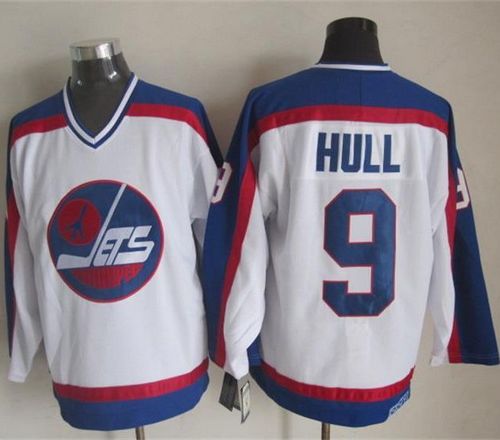 Jets #9 Bobby Hull White Blue CCM Throwback Stitched Jersey