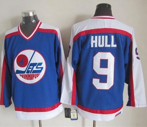 Jets #9 Bobby Hull Blue White CCM Throwback Stitched Jersey
