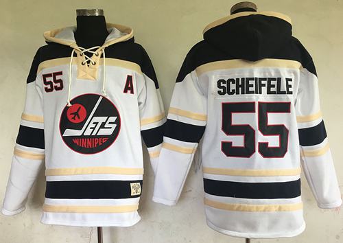 Jets #55 Mark Scheifele White Sawyer Hooded Sweatshirt Stitched Jersey