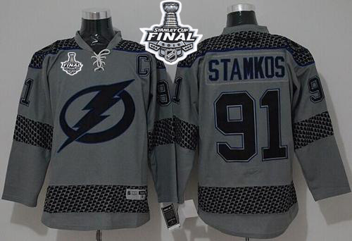 Lightning #91 Steven Stamkos Charcoal Cross Check Fashion 2015 Stanley Cup Stitched Jersey