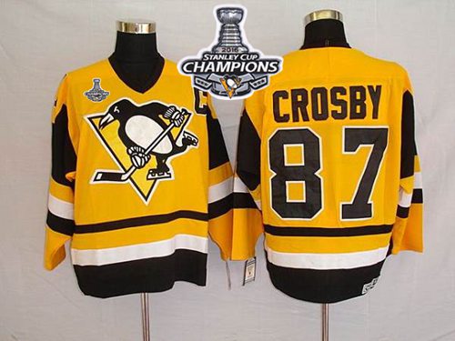 Mitchell Ness Penguins #87 Sidney Crosby Yellow 2016 Stanley Cup Champions Stitched Jersey