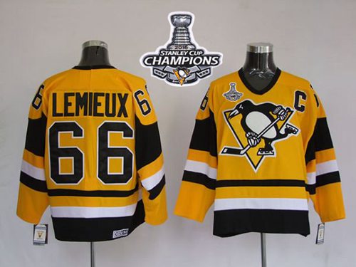 Mitchell Ness Penguins #66 Mario Lemieux Yellow 2016 Stanley Cup Champions Stitched Jersey