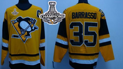 Mitchell Ness Penguins #35 Tom Barrasso Yellow 2016 Stanley Cup Champions Stitched Jersey