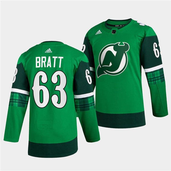 New Jersey Devils #63 Jesper Bratt Green Warm-Up St Patricks Day Stitched Jersey