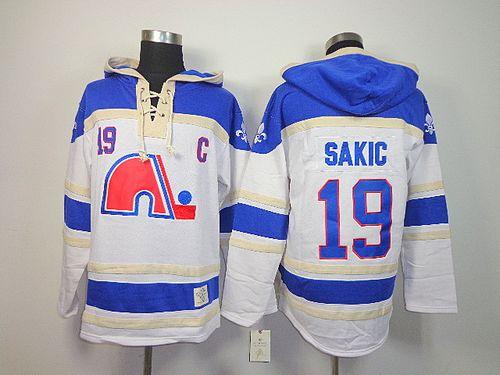 Nordiques #19 Joe Sakic White Sawyer Hooded Sweatshirt Stitched Jersey