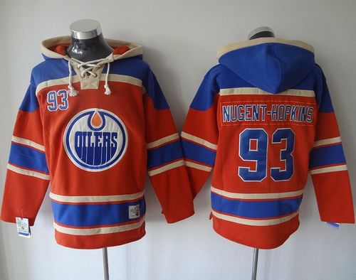Oilers #93 Ryan Nugent-Hopkins Orange Sawyer Hooded Sweatshirt Stitched Jersey