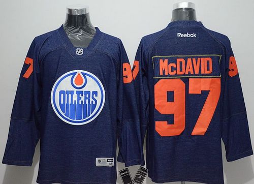 Oilers #97 Connor McDavid Navy Blue Denim Stitched Jersey