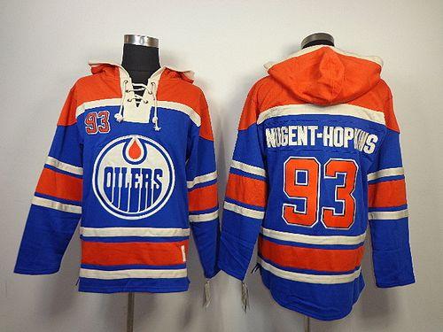 Oilers #93 Nugent-Hopkins Light Blue Sawyer Hooded Sweatshirt Stitched Jersey