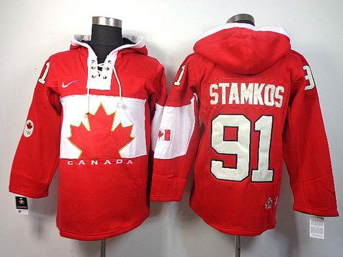 Olympic CA. #91 Steven Stamkos Red Sawyer Hooded Sweatshirt Stitched Jersey