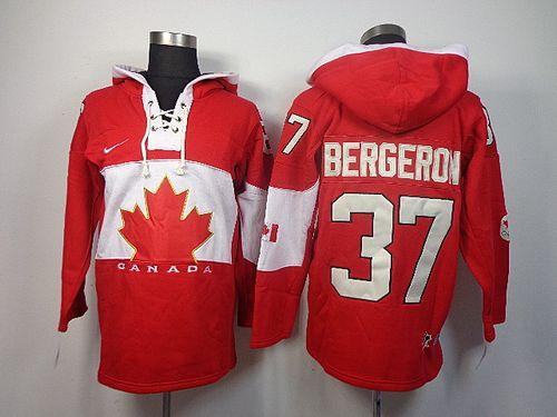 Olympic CA. #37 Patrice Bergeron Red Sawyer Hooded Sweatshirt Stitched Jersey