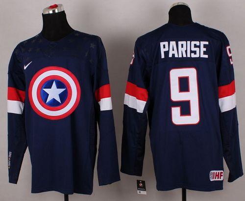 Olympic Team USA #9 Zach Parise Navy Blue Captain America Fashion Stitched Jersey