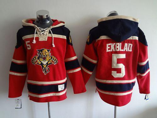 Panthers #5 Aaron Ekblad Red Sawyer Hooded Sweatshirt Stitched Jersey