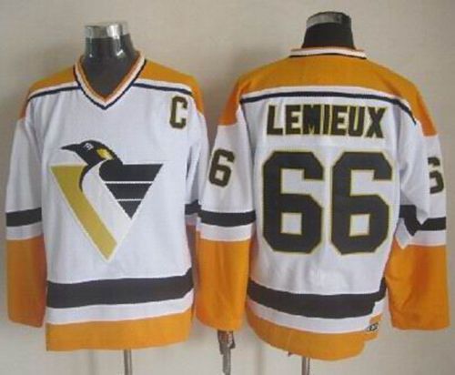 Penguins #66 Mario Lemieux White Yellow CCM Throwback Stitched Jersey