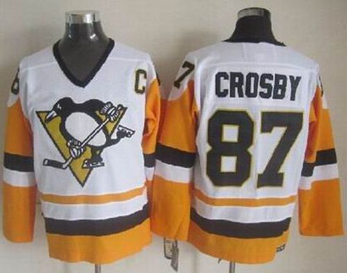 Penguins #87 Sidney Crosby White Black CCM Throwback Stitched Jersey