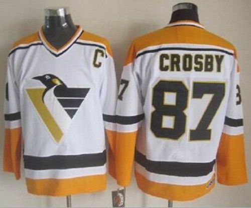 Penguins #87 Sidney Crosby White Yellow CCM Throwback Stitched Jersey
