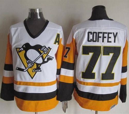 Penguins #77 Paul Coffey White Black CCM Throwback Stitched Jersey