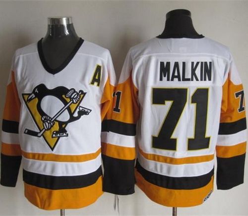 Penguins #71 Evgeni Malkin White Black CCM Throwback Stitched Jersey