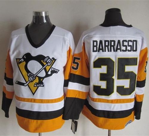 Penguins #35 Tom Barrasso White Black CCM Throwback Stitched Jersey