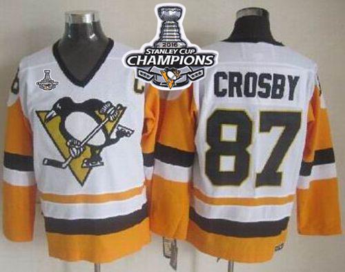 Penguins #87 Sidney Crosby White Black CCM Throwback 2016 Stanley Cup Champions Stitched Jersey