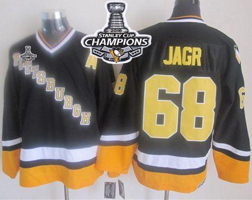 Penguins #68 Jaromir Jagr Black Yellow CCM Throwback 2016 Stanley Cup Champions Stitched Jersey