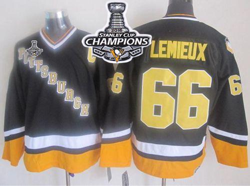 Penguins #66 Mario Lemieux Black Yellow CCM Throwback 2016 Stanley Cup Champions Stitched Jersey