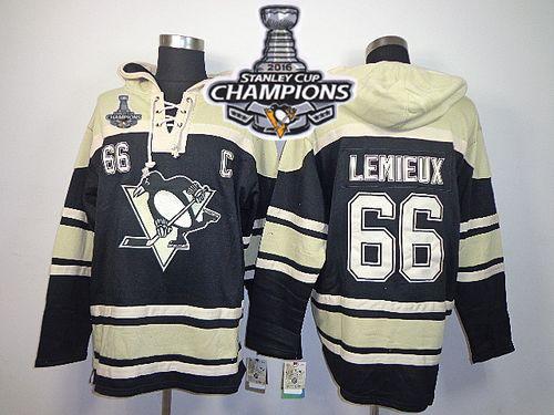 Penguins #66 Mario Lemieux Black Sawyer Hooded Sweatshirt 2016 Stanley Cup Champions Stitched Jersey