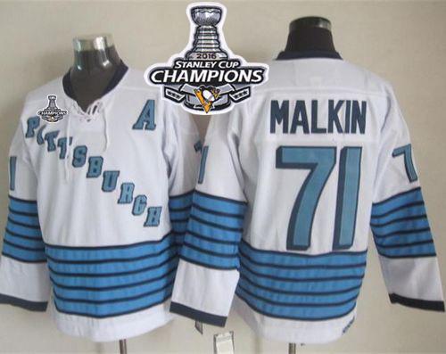 Penguins #71 Evgeni Malkin White Light Blue CCM Throwback 2016 Stanley Cup Champions Stitched Jersey