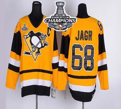Penguins #68 Jaromir Jagr Yellow CCM Throwback 2016 Stanley Cup Champions Stitched Jersey