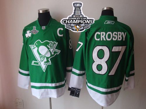 Penguins #87 Sidney Crosby Green St Patty's Day 2016 Stanley Cup Champions Stitched Jersey