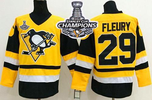 Penguins #29 Andre Fleury Yellow Throwback 2016 Stanley Cup Champions Stitched Jersey