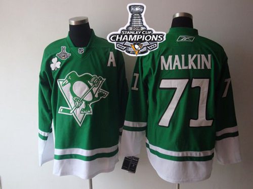 Penguins #71 Evgeni Malkin Green St Patty's Day 2016 Stanley Cup Champions Stitched Jersey