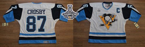 Penguins #87 Sidney Crosby White Blue CCM Throwback 2016 Stanley Cup Champions Stitched Jersey