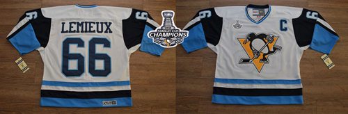 Penguins #66 Mario Lemieux White Blue CCM Throwback 2016 Stanley Cup Champions Stitched Jersey