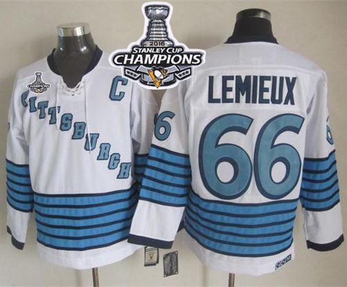Penguins #66 Mario Lemieux White Light Blue CCM Throwback 2016 Stanley Cup Champions Stitched Jersey