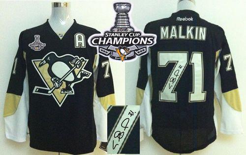 Penguins #71 Evgeni Malkin Black Autographed 2016 Stanley Cup Champions Stitched Jersey