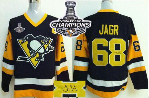 Penguins #68 Jaromir Jagr Black CCM Throwback Autographed 2016 Stanley Cup Champions Stitched Jersey