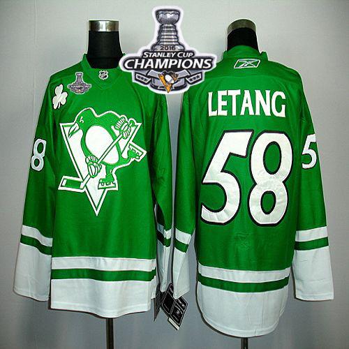 Penguins #58 Kris Letang Green St Patty's Day 2016 Stanley Cup Champions Stitched Jersey
