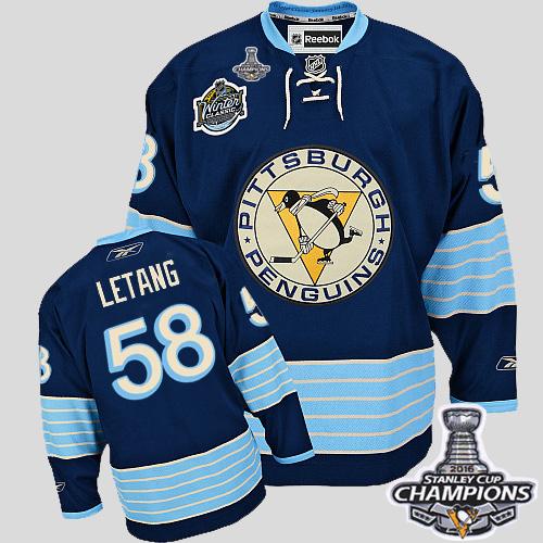 Penguins #58 Kris Letang 2011 Winter Classic Vintage Dark Blue 2016 Stanley Cup Champions Stitched Jersey