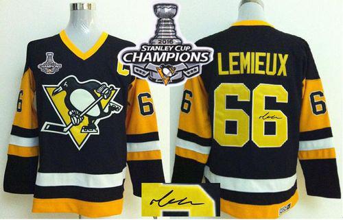 Penguins #66 Mario Lemieux Black CCM Throwback Autographed 2016 Stanley Cup Champions Stitched Jersey